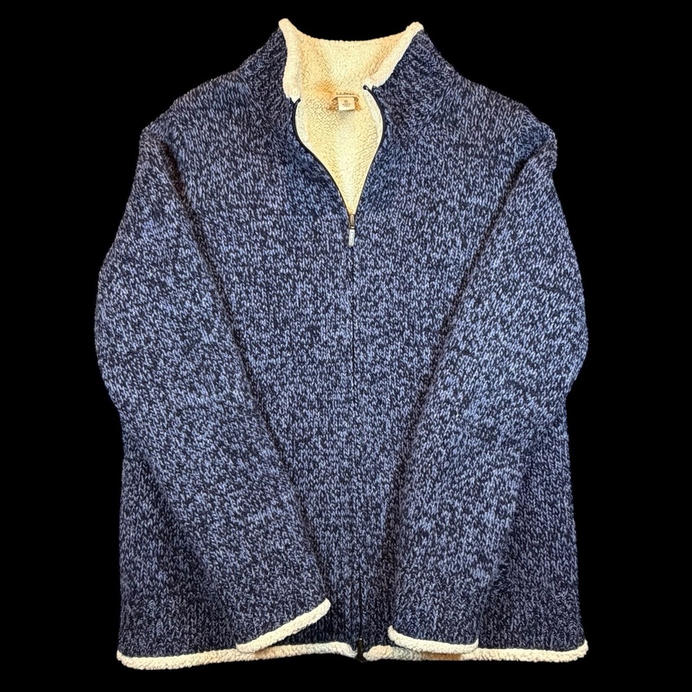 LL Bean Womens Ragg Wool Sherpa Lined Cardigan Jacket Size Medium Blue Cream - Picture 2 of 16